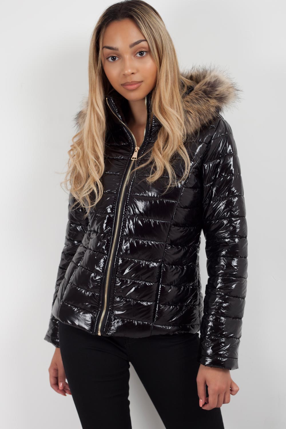 Black Shiny Puffer Coat With Faux Fur Hood