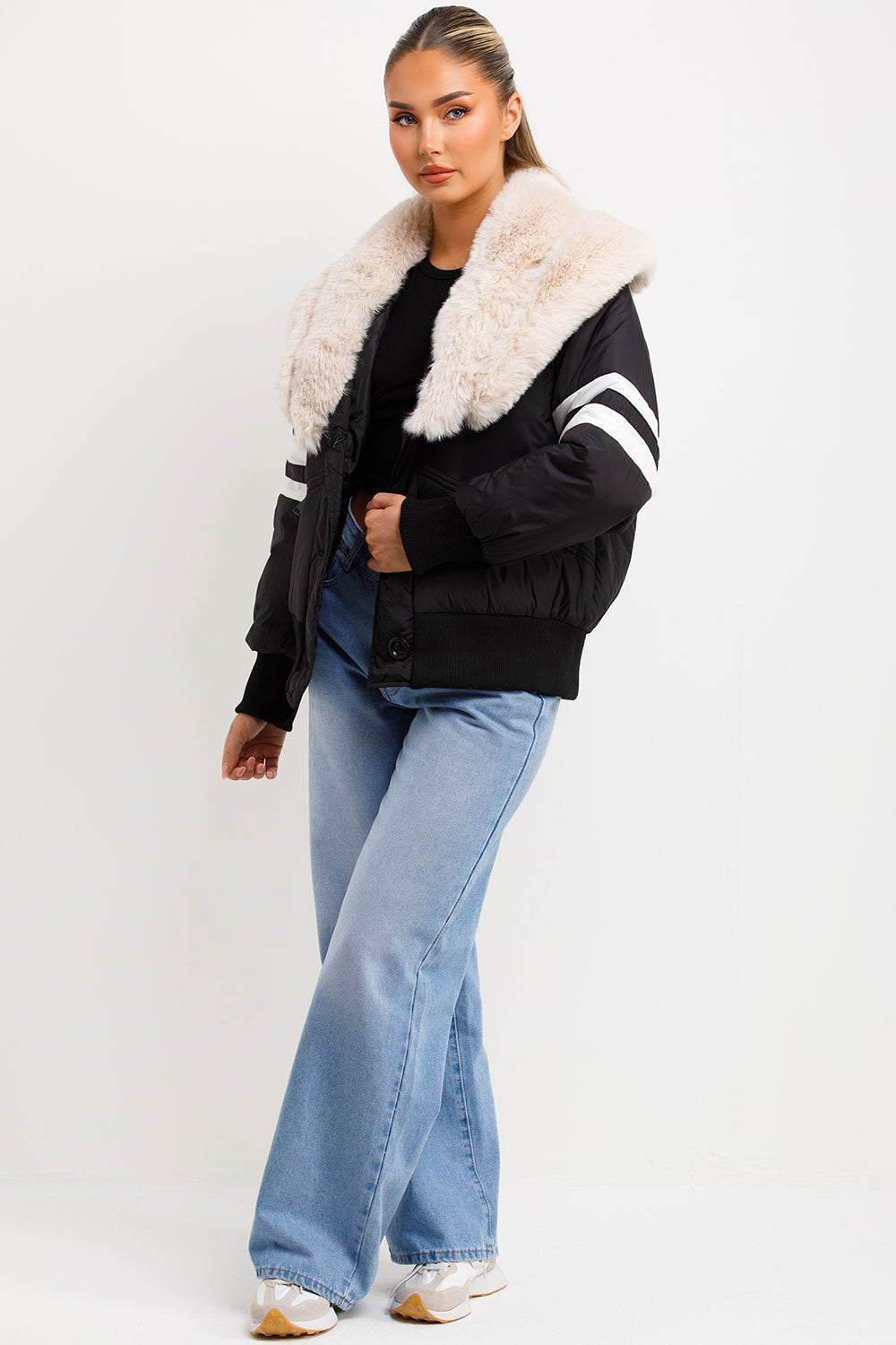 Aviator Bomber Jacket With Faux Fur And Stripe Detail Black