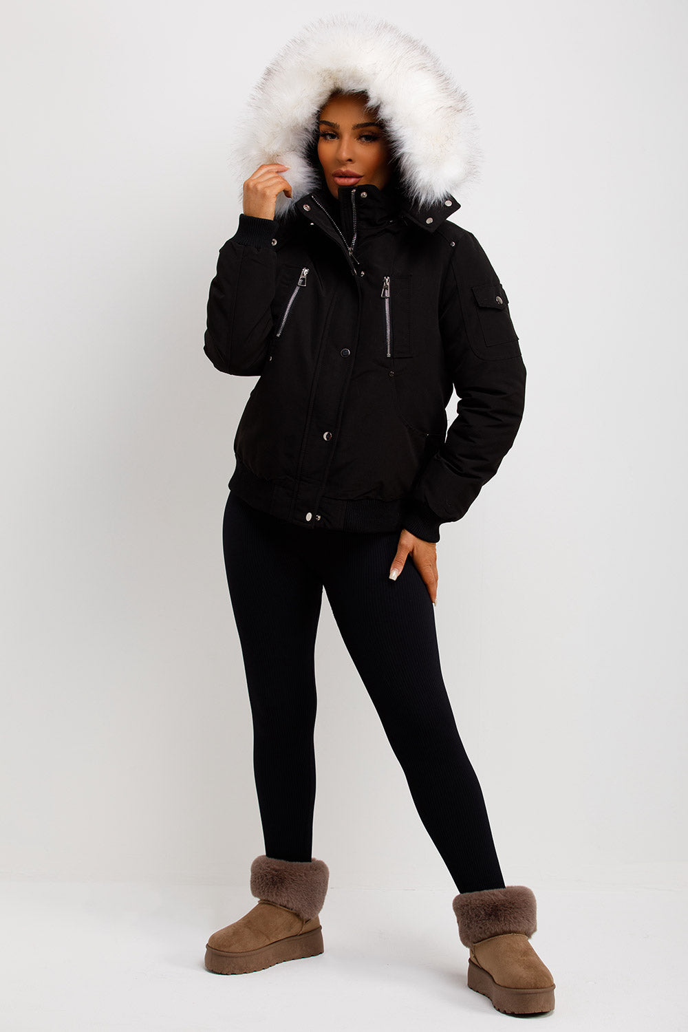 Canada Bomber Jacket With Faux Fur Hood Black