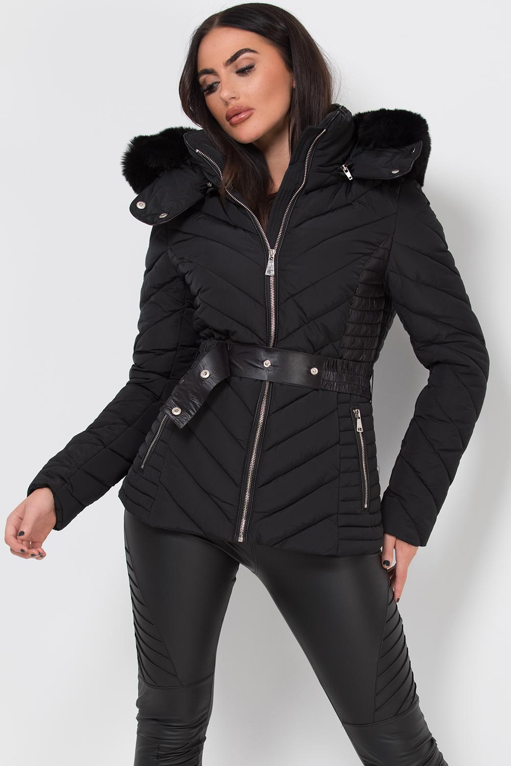 Black Puffer Quilted Jacket With Faux Fur Hood And Belt