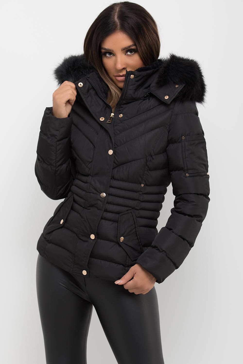 Black Puffer Coat With Fur Hood