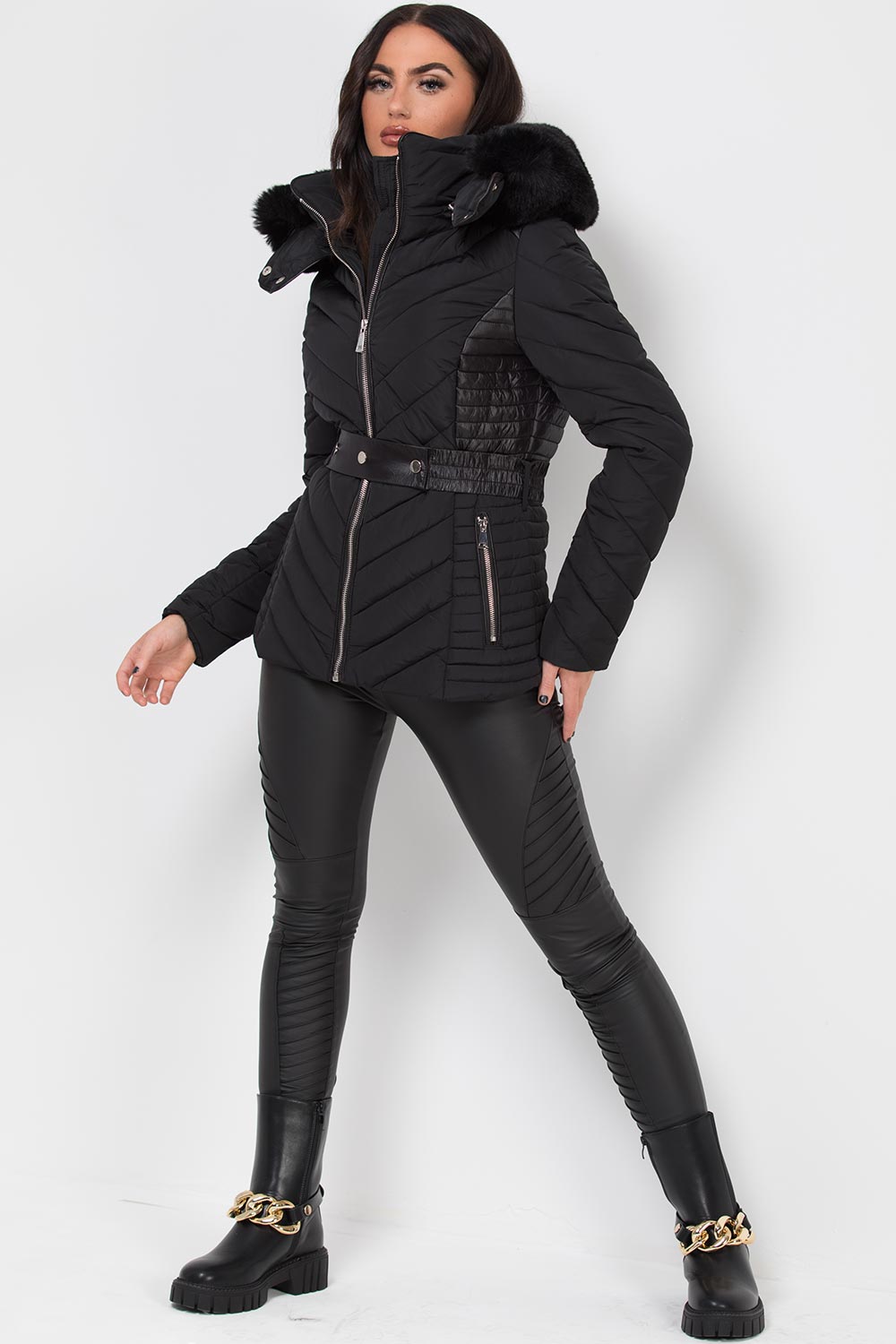 Black Puffer Quilted Jacket With Faux Fur Hood And Belt