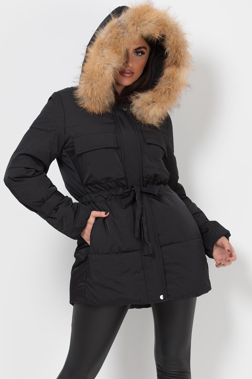 Real Fur Hood Coat With Drawstring Waist Black