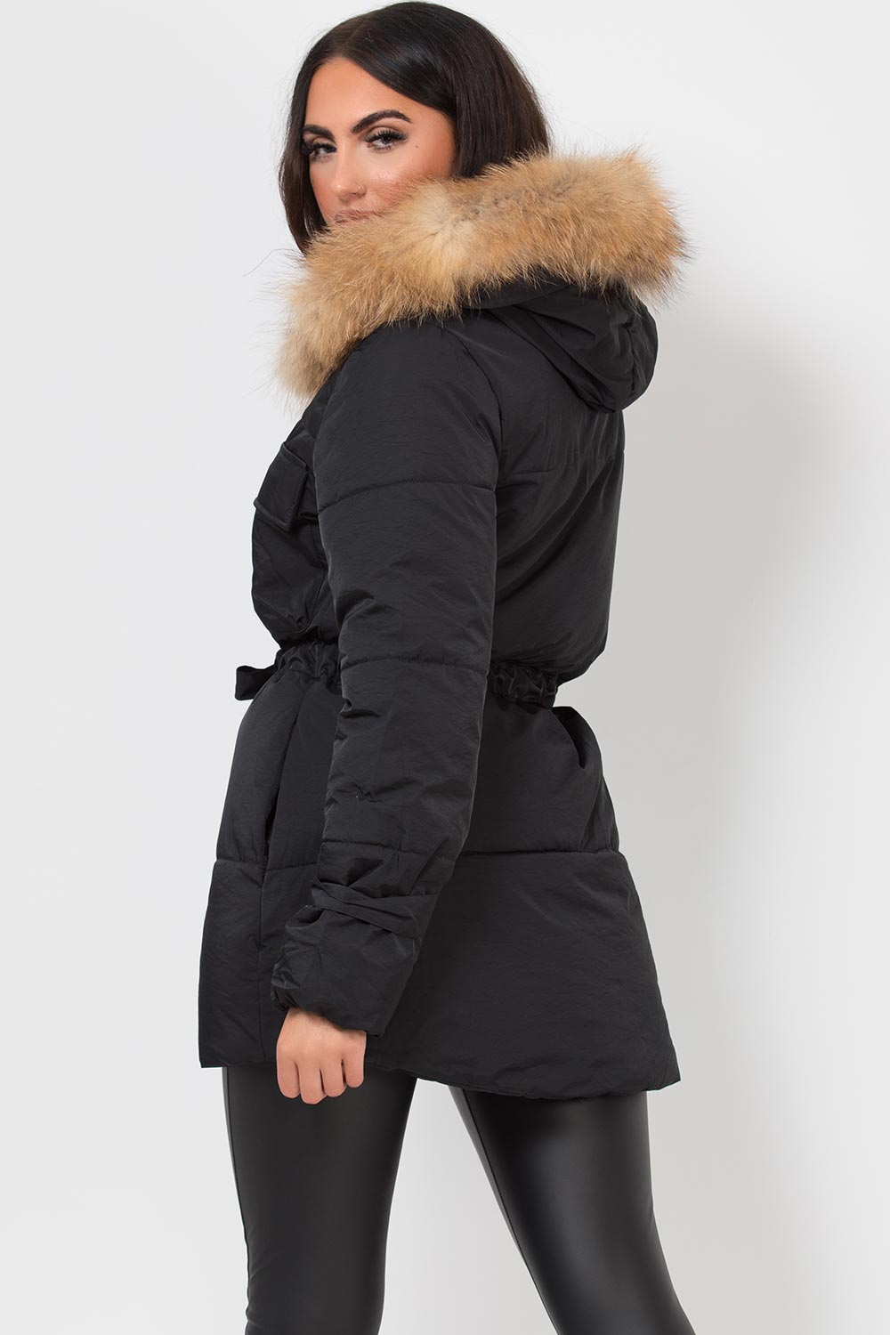 Real Fur Hood Coat With Drawstring Waist Black