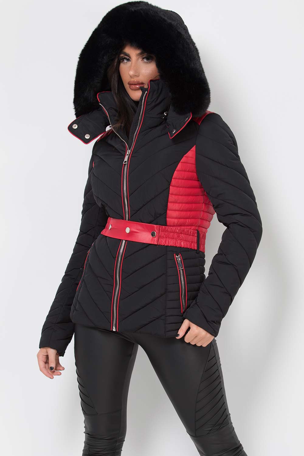 Puffer Quilted Jacket With Faux Fur Hood Belted Black And Red