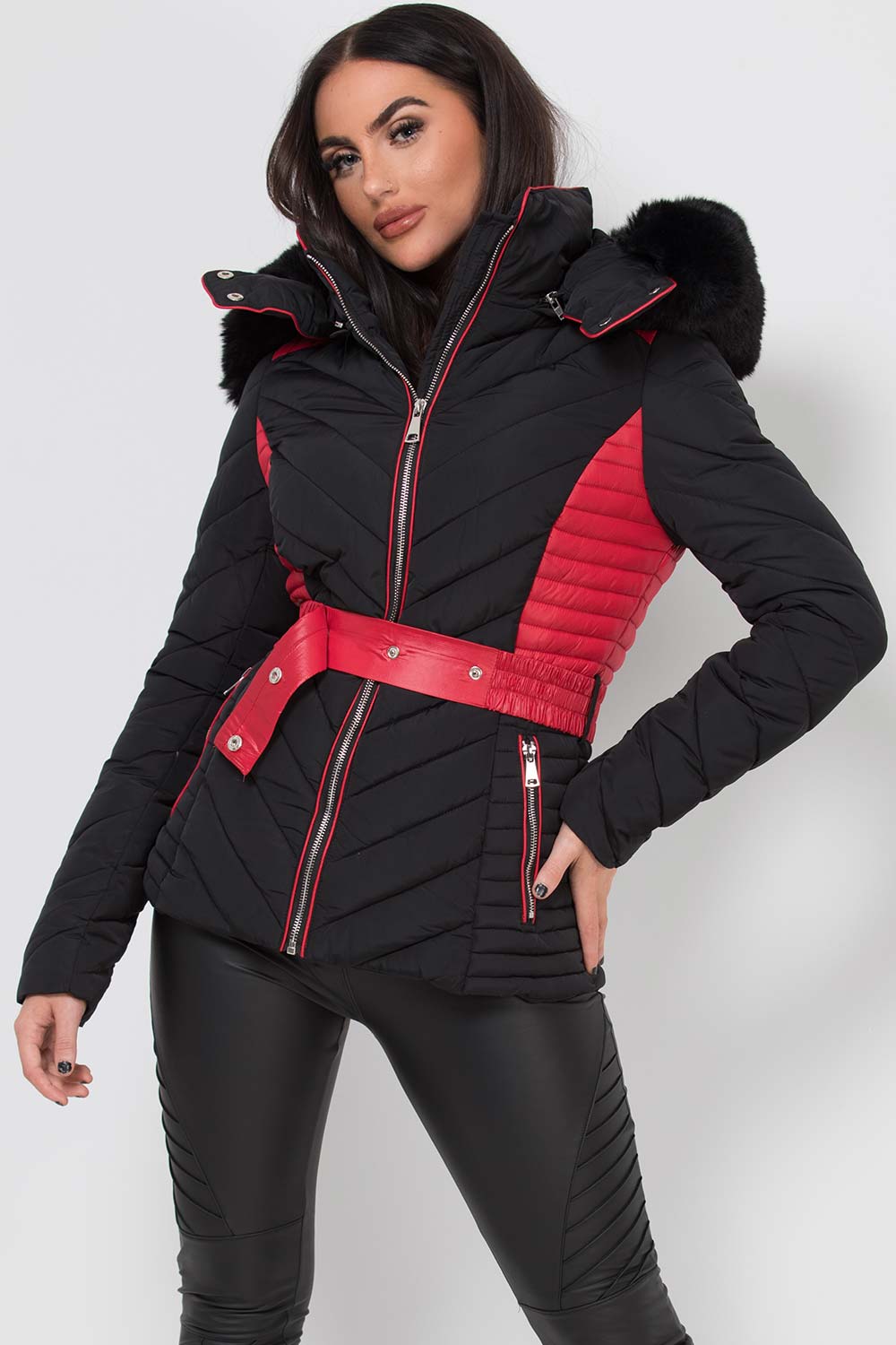 Puffer Quilted Jacket With Faux Fur Hood Belted Black And Red