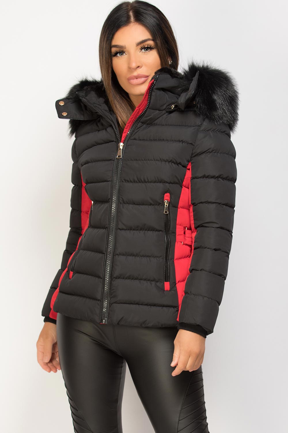 Puffer Jacket With Faux Fur Hood Black And Red