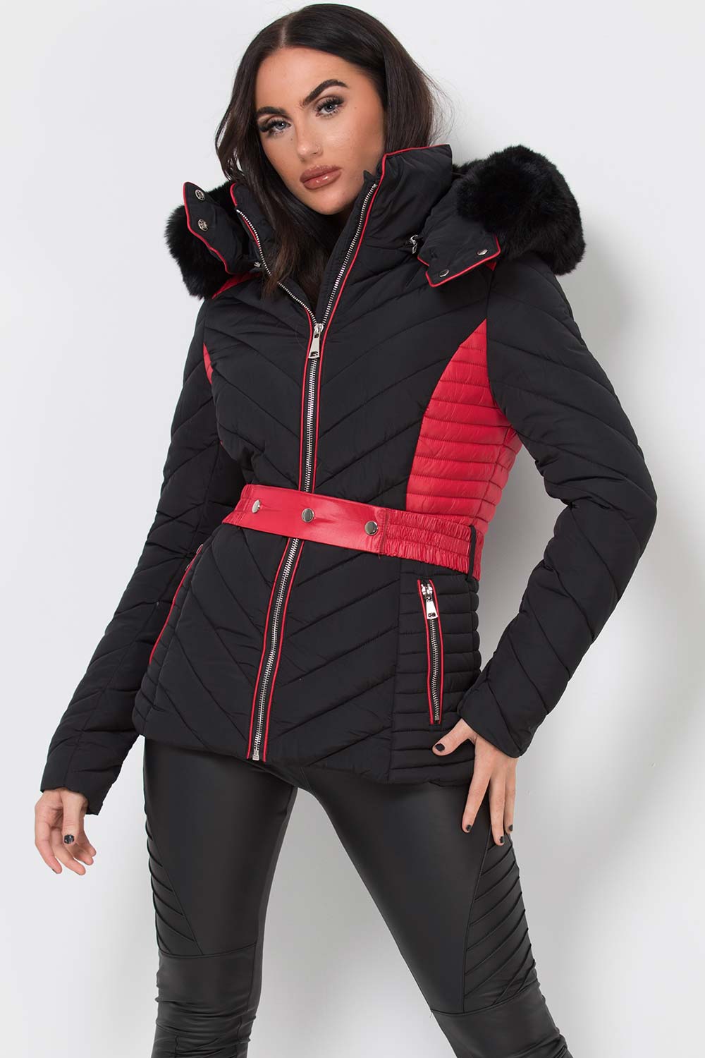 Puffer Quilted Jacket With Faux Fur Hood Belted Black And Red