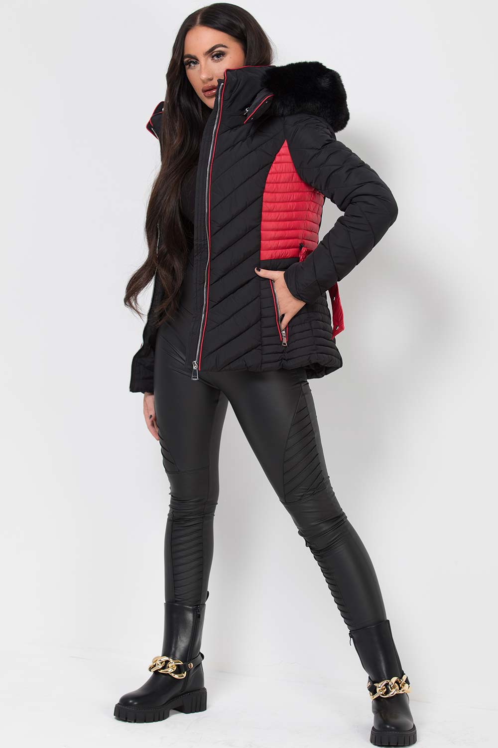 Puffer Quilted Jacket With Faux Fur Hood Belted Black And Red