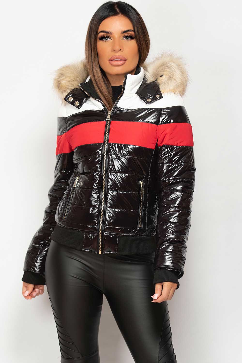 Black Shiny Puffer Faux Fur Hood Jacket With Red White Panel