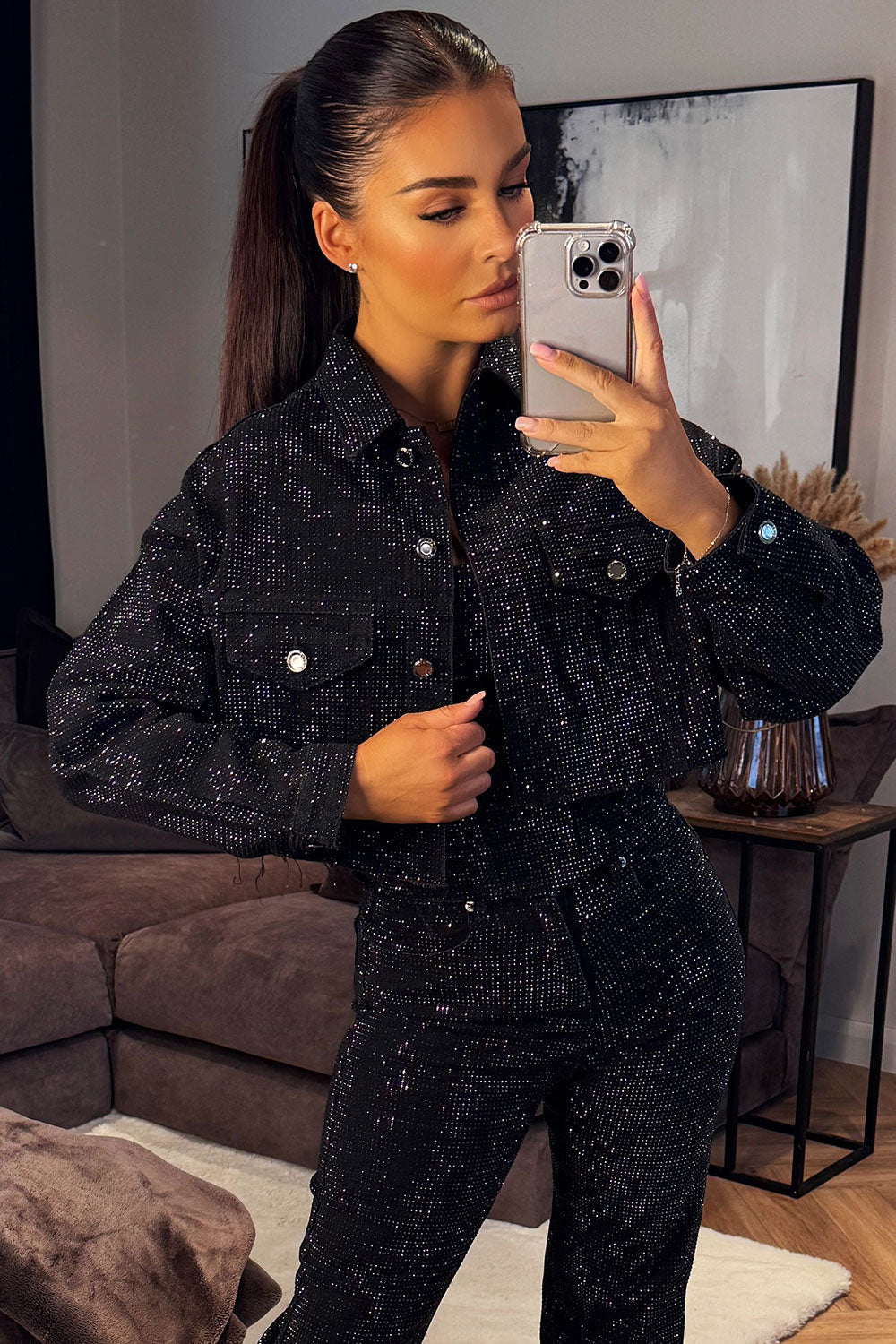 Diamante Rhinestone Denim Jacket Black