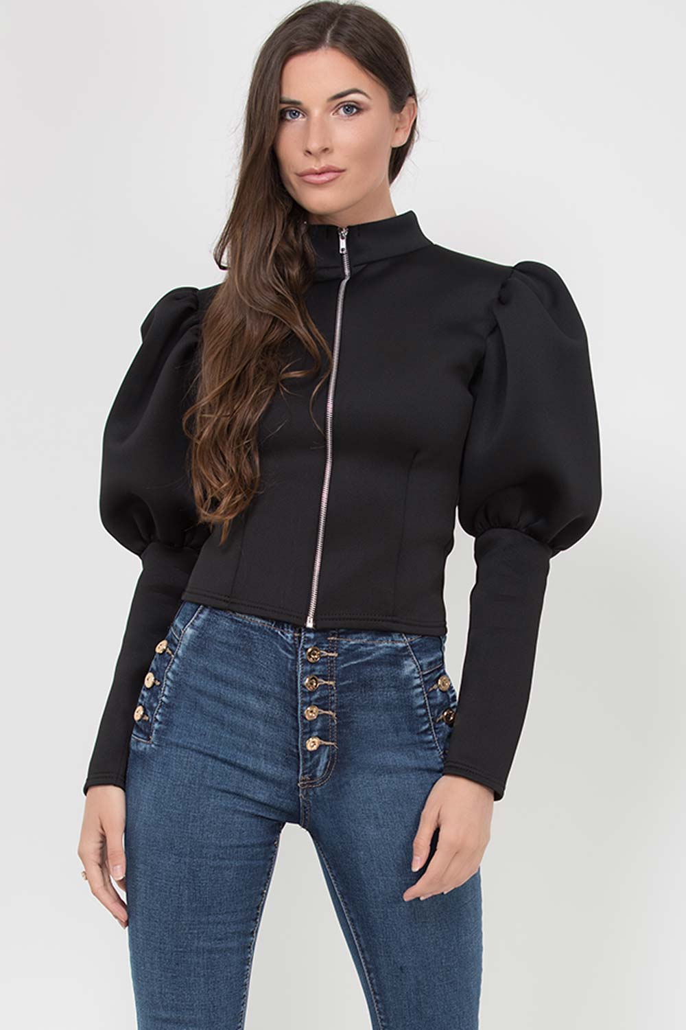 Puff Sleeve Zip Up Jacket Black