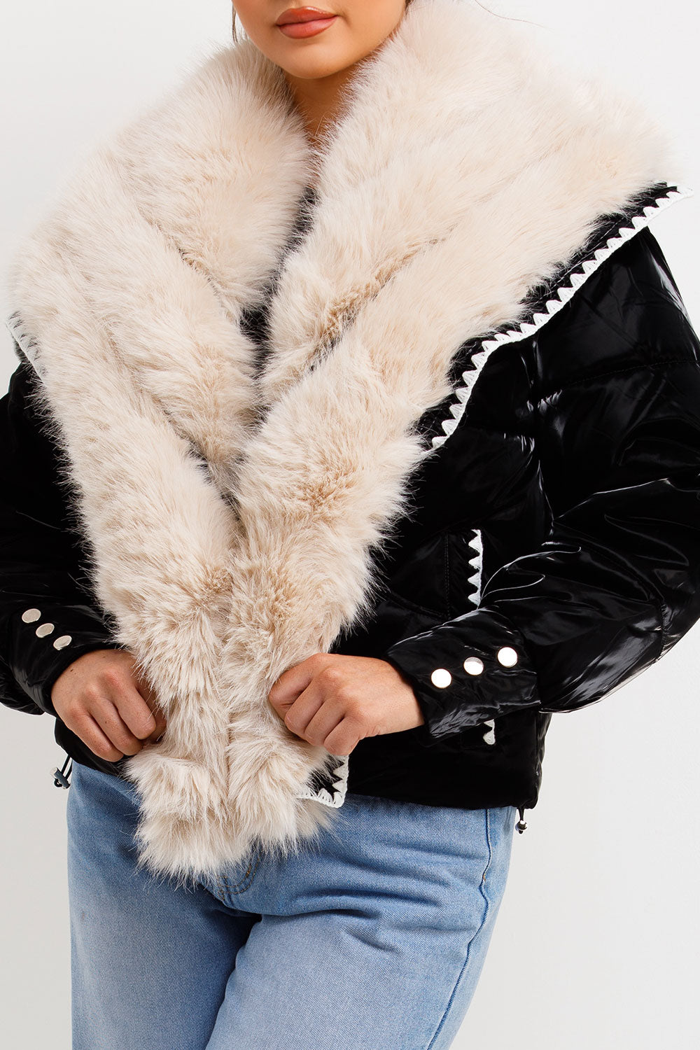 Faux Fur Collar And Trim Puffer Coat With Contrast Stitching Detail Black