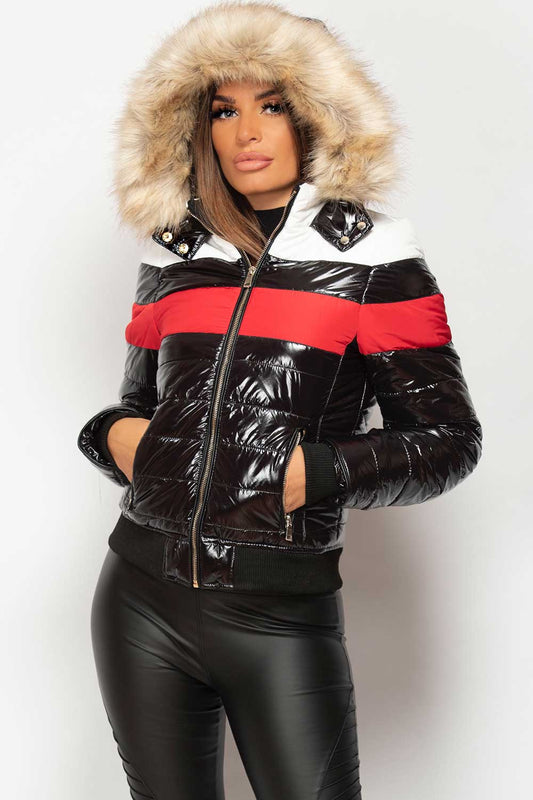 Black Shiny Puffer Faux Fur Hood Jacket With Red White Panel