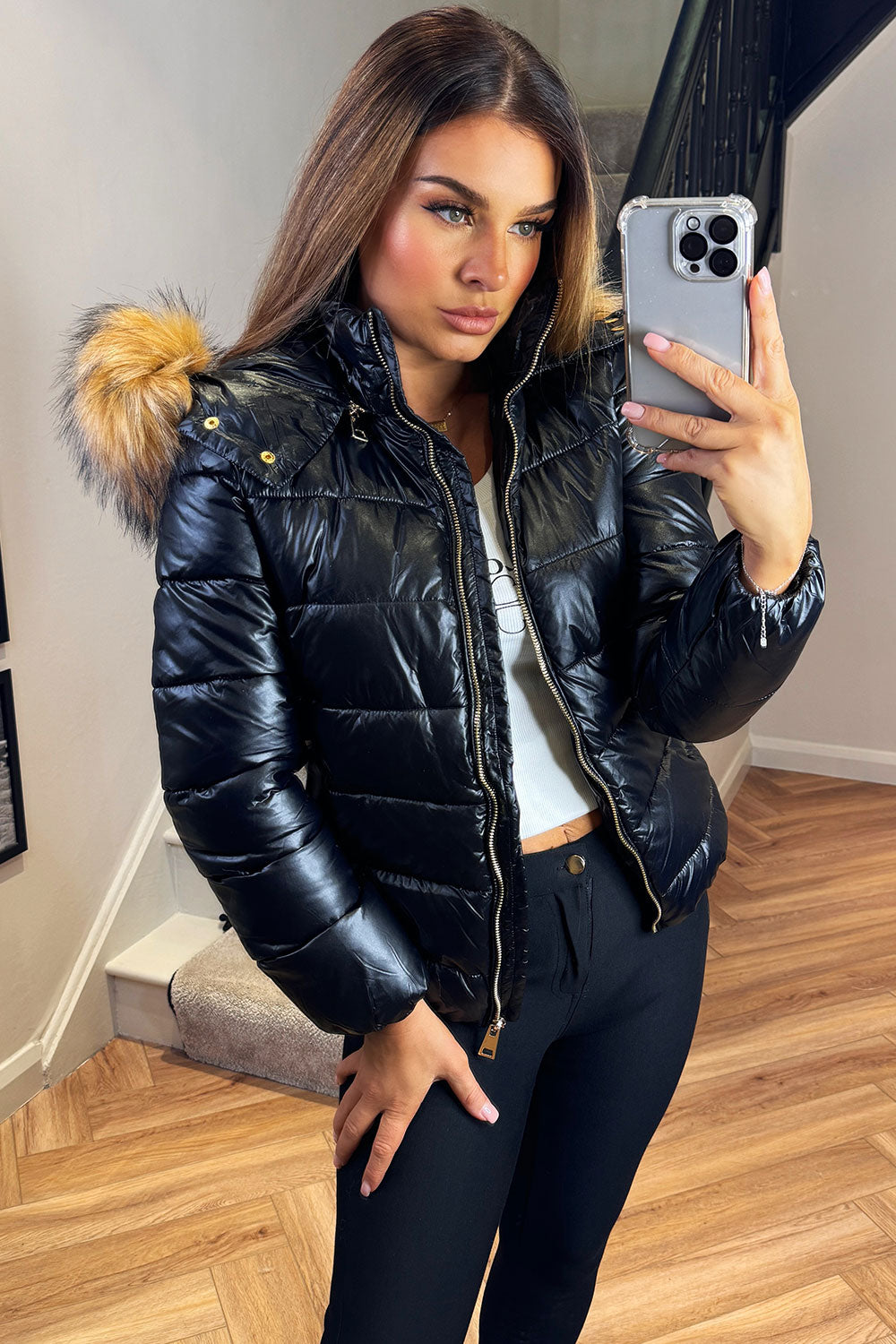 Faux Fur Hood Puffer Jacket Black