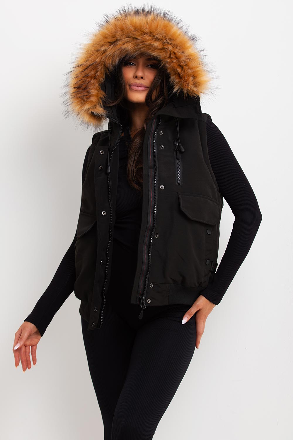 Black Gilet With Fur Hood