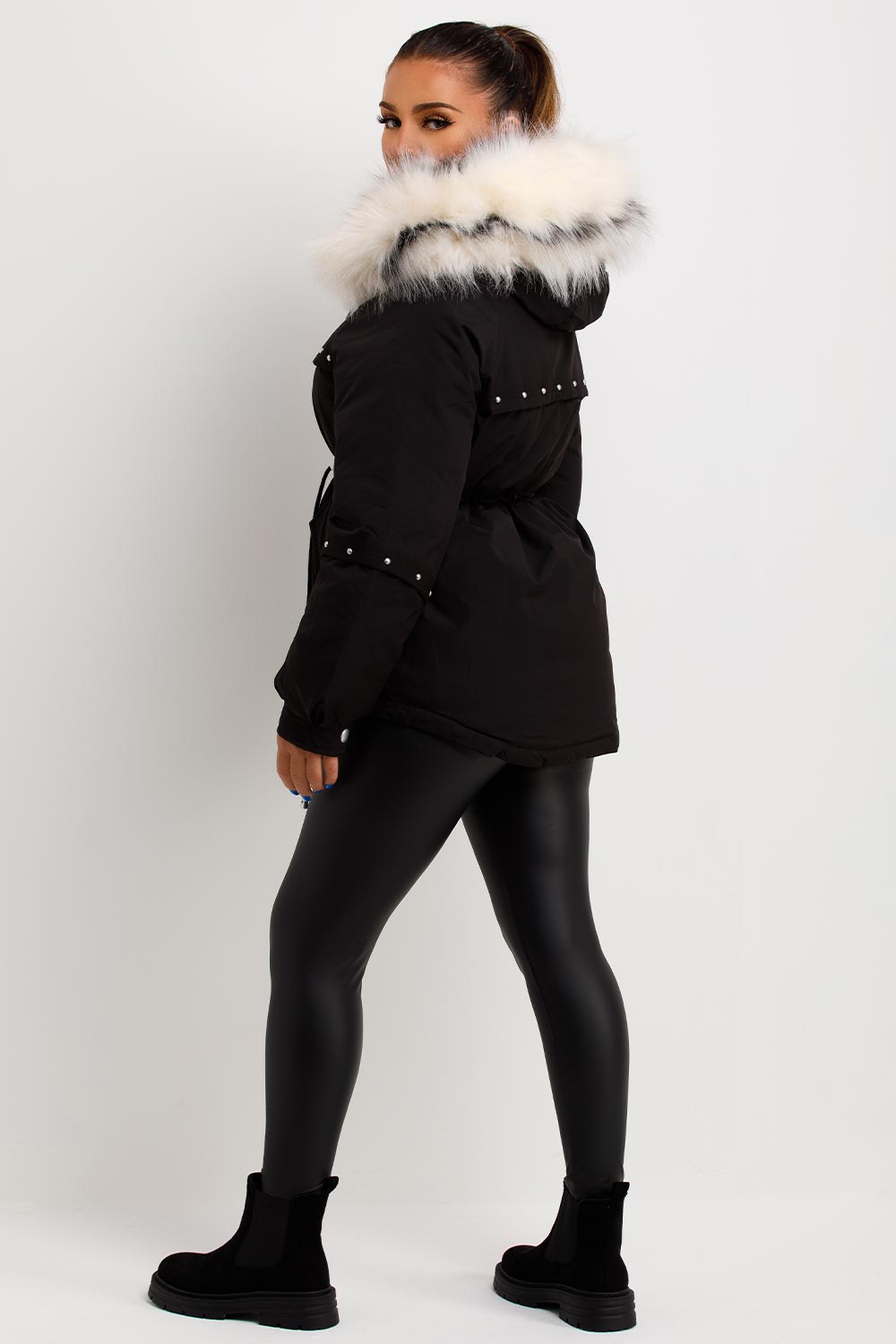 Black Coat With Faux Fur Hood And Drawstring Waist