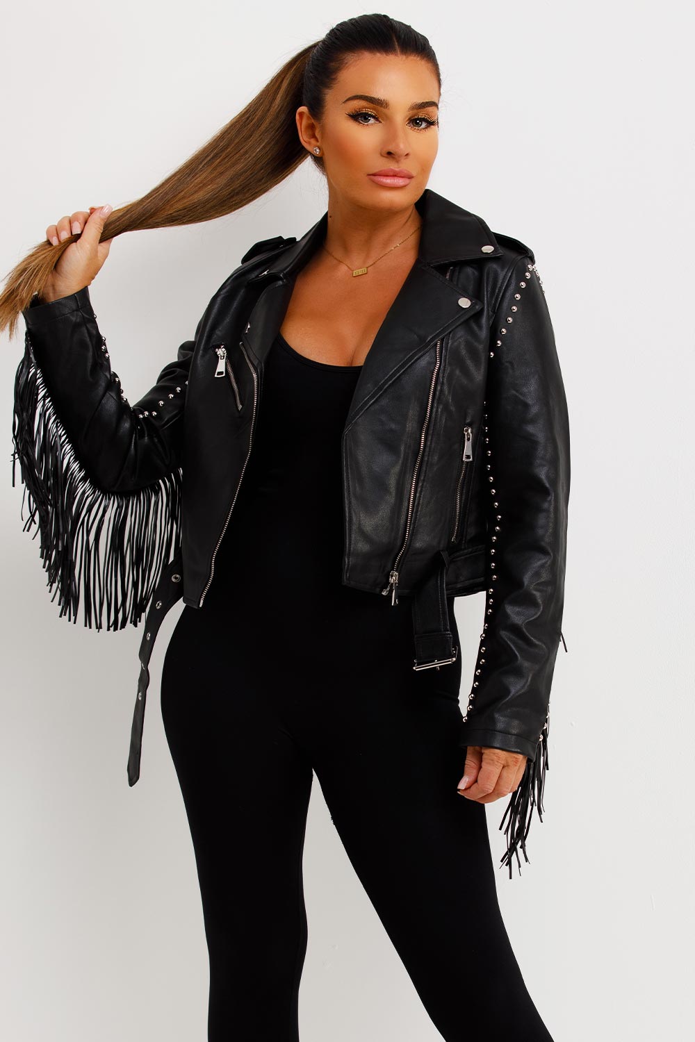 Black Faux Leather Biker Jacket With Tassels And Stud Detail