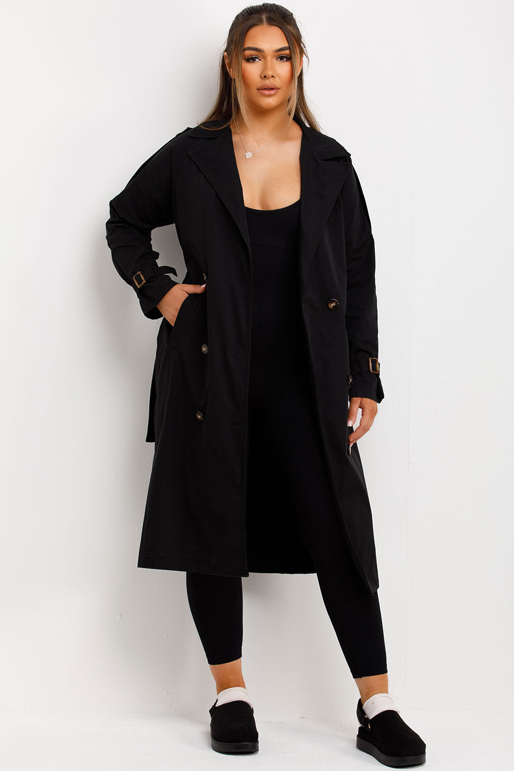 Trench Coat With Waist Belt Black