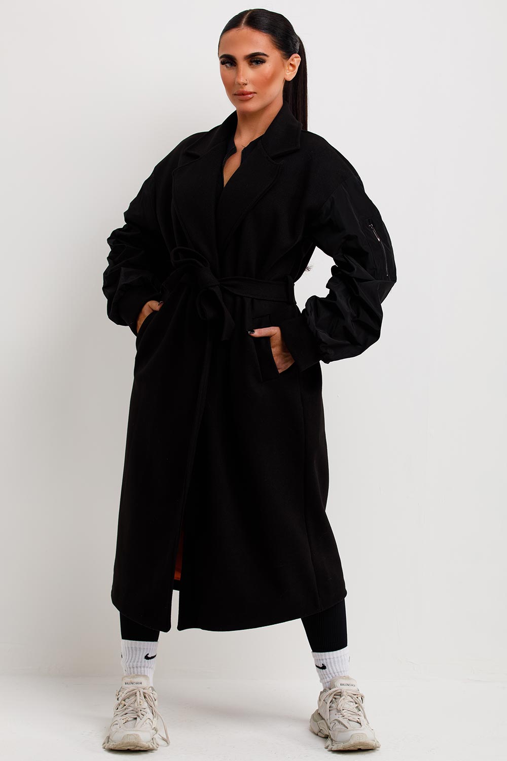 Black Long Wrap Coat With Ruched Sleeves