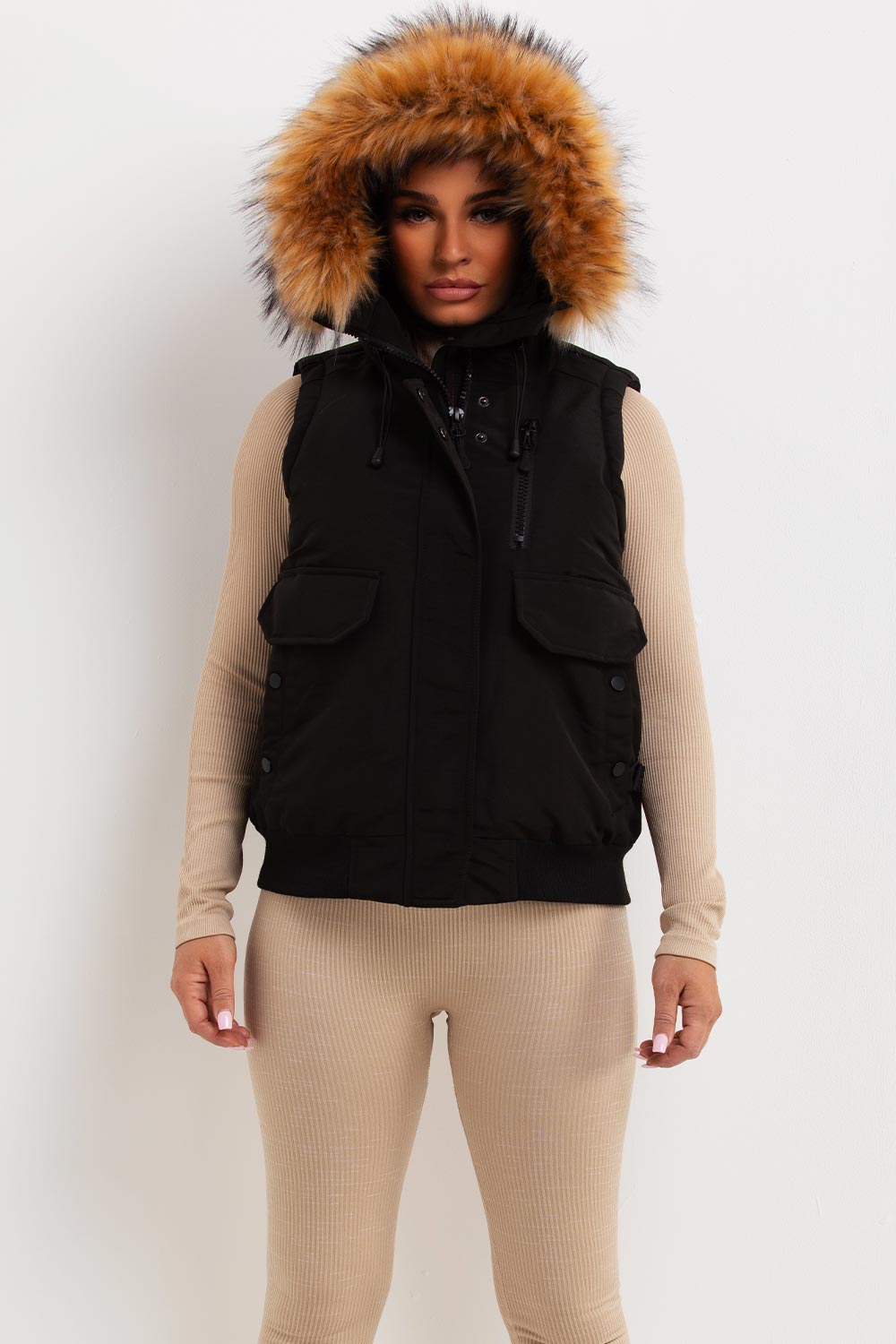 Black Gilet With Fur Hood