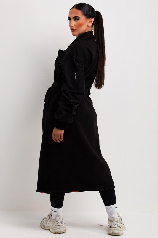 Black Long Wrap Coat With Ruched Sleeves