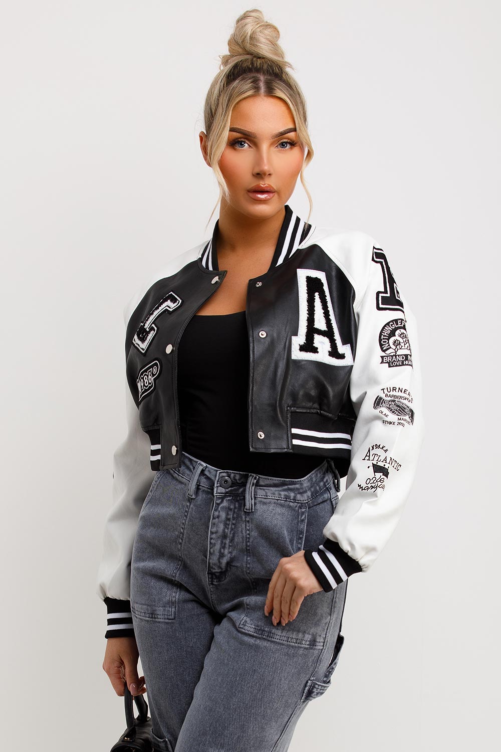 Varsity Bomber Faux Leather Jacket With Letter Detail Black White