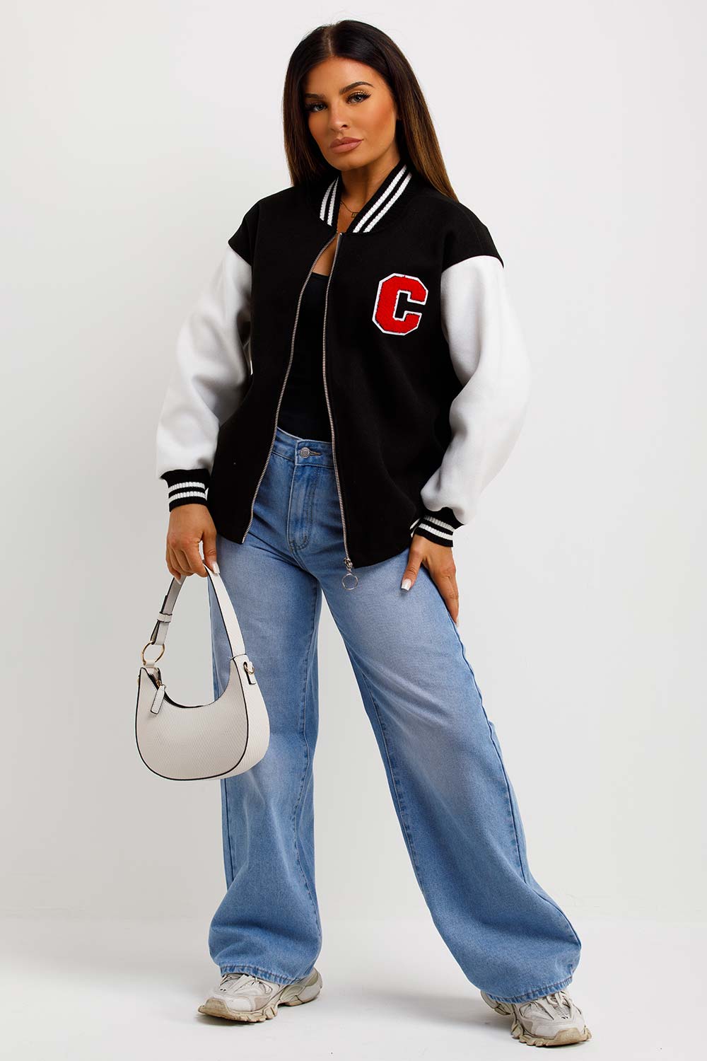 C Slogan Varsity Bomber Jacket Black And White