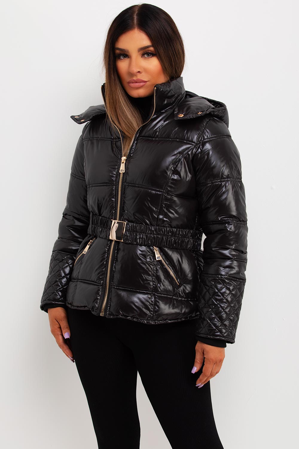 Black Shiny Puffer Jacket With Hood And Belt