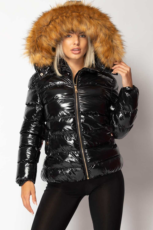 Black Shiny Puffer Jacket With Chunky Fur Hood