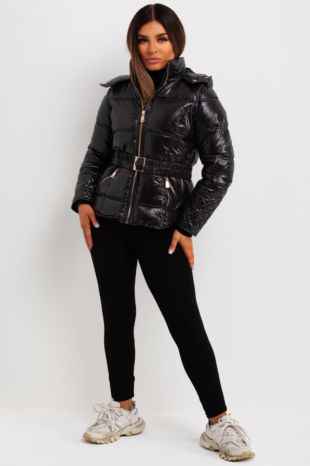 Black Shiny Puffer Jacket With Hood And Belt