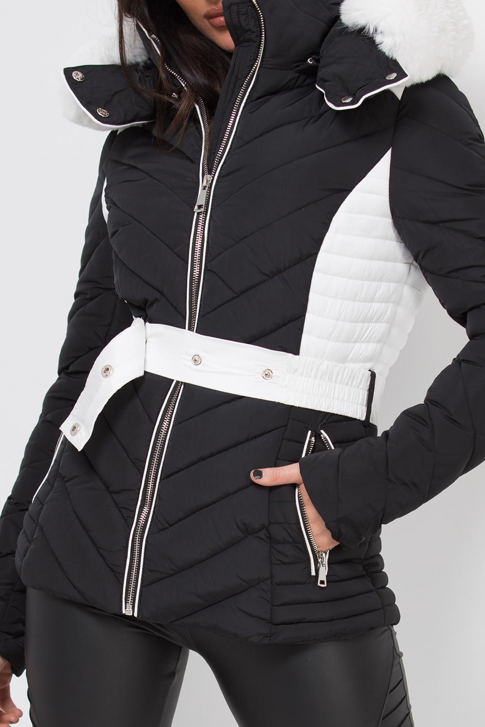 Puffer Quilted Jacket With Faux Fur Hood Belted Black And White