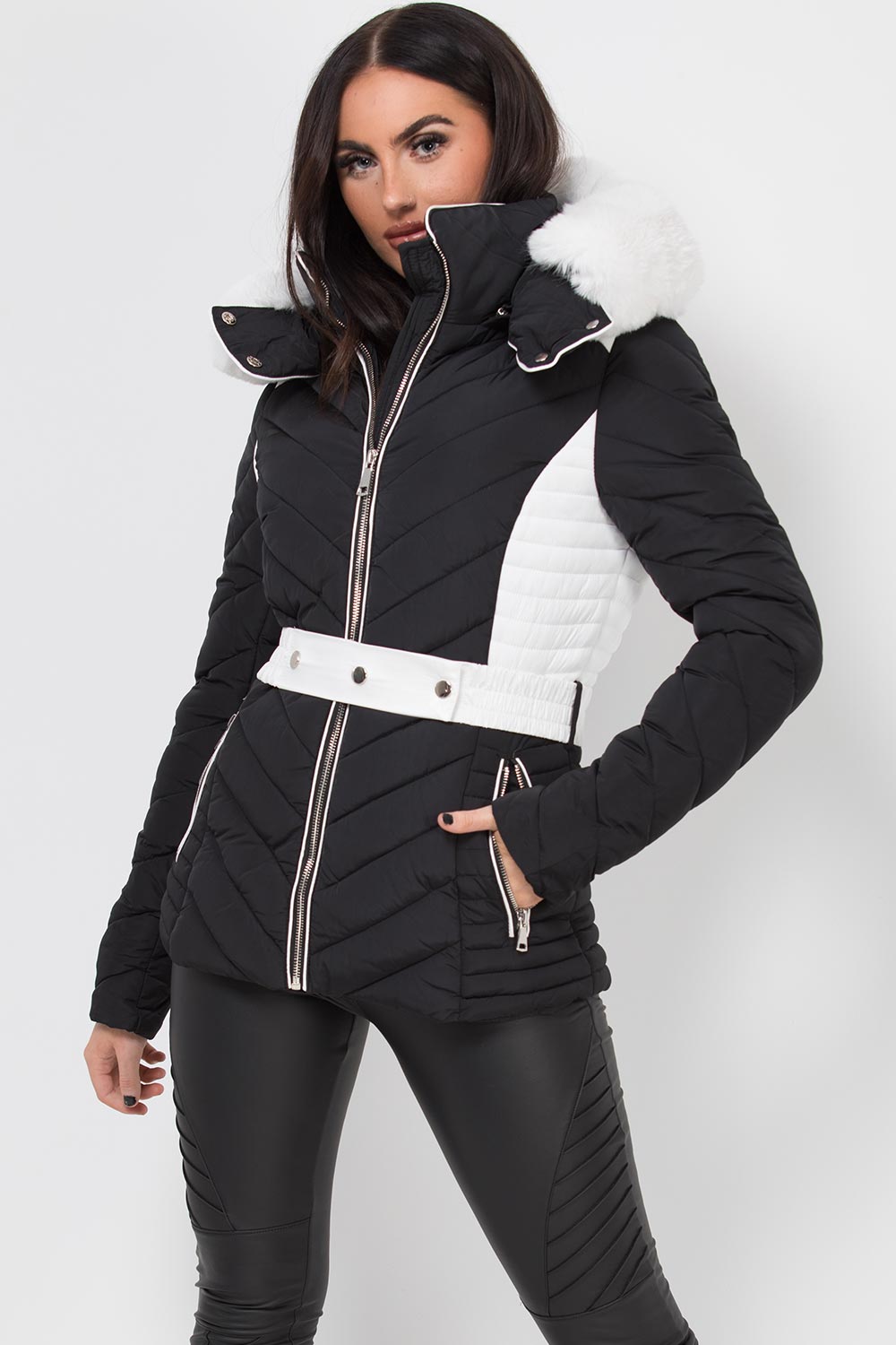 Puffer Quilted Jacket With Faux Fur Hood Belted Black And White