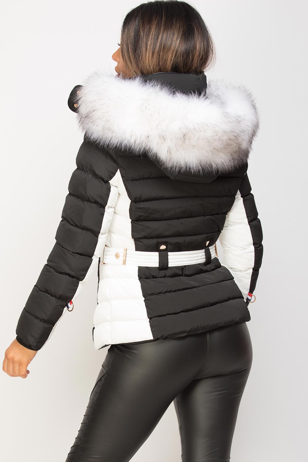 Puffer Jacket With Faux Fur Hood Black And White