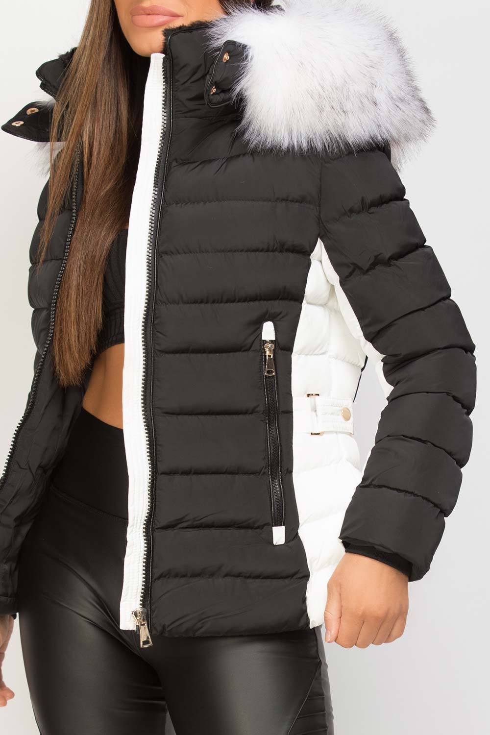 Puffer Jacket With Faux Fur Hood Black And White