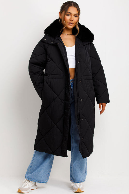 Long Puffer Quilted Coat With Fur Collar Black