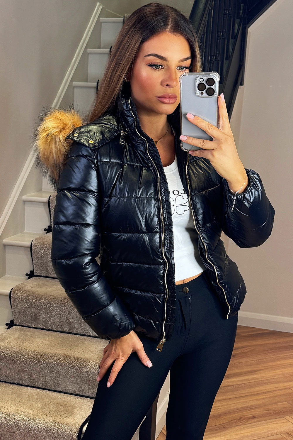 Faux Fur Hood Puffer Jacket Black