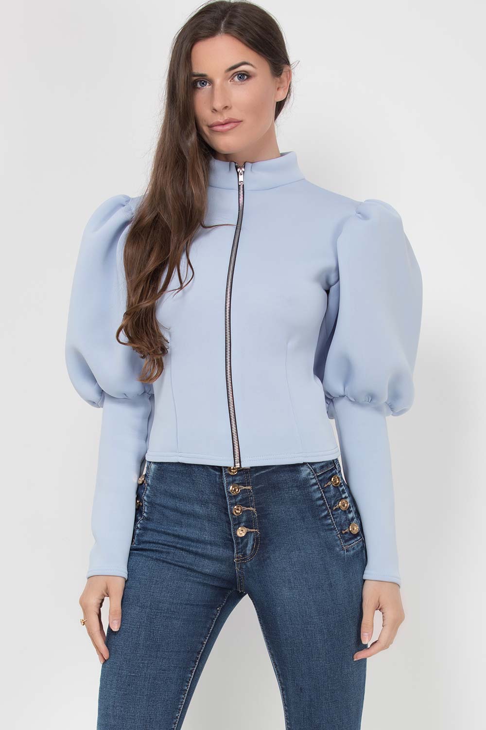 Puff Sleeve Zip Up Jacket Sky Blue