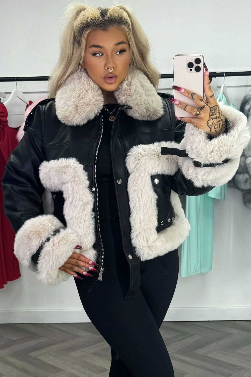 Faux Fur Trim Faux Leather Jacket Black