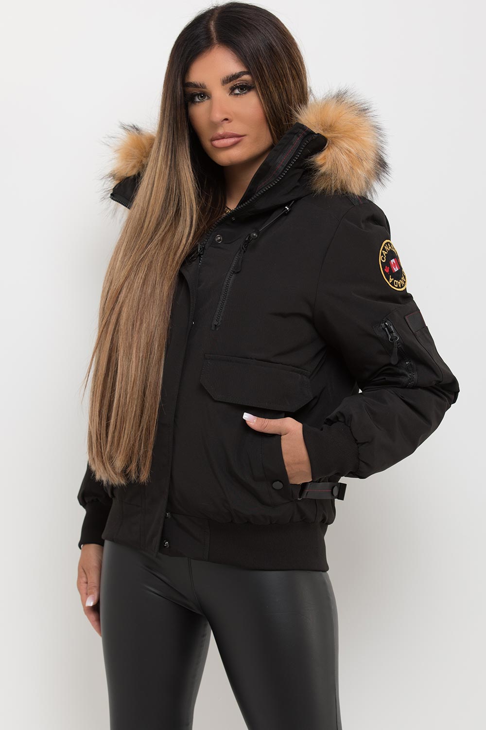 Canada Bomber Jacket With Fur Hood Black