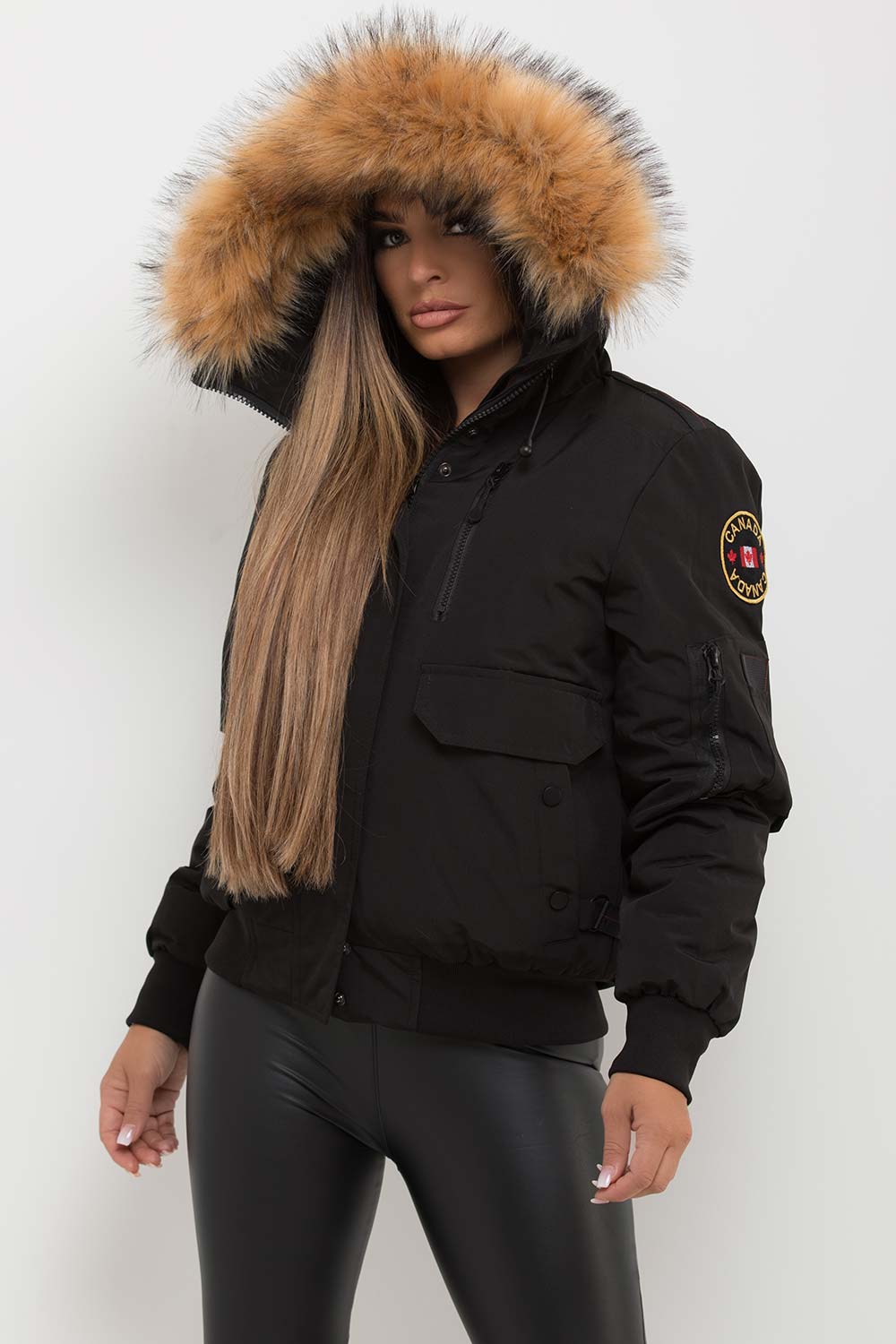 Canada Bomber Jacket With Fur Hood Black