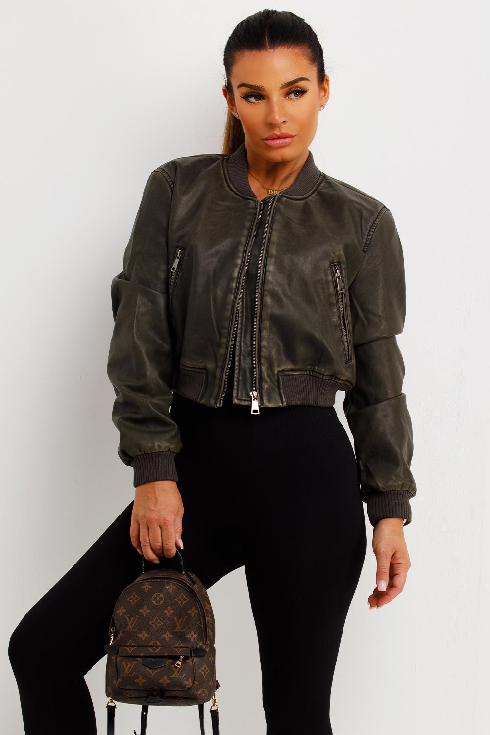 Faux Leather Bomber Jacket Khaki