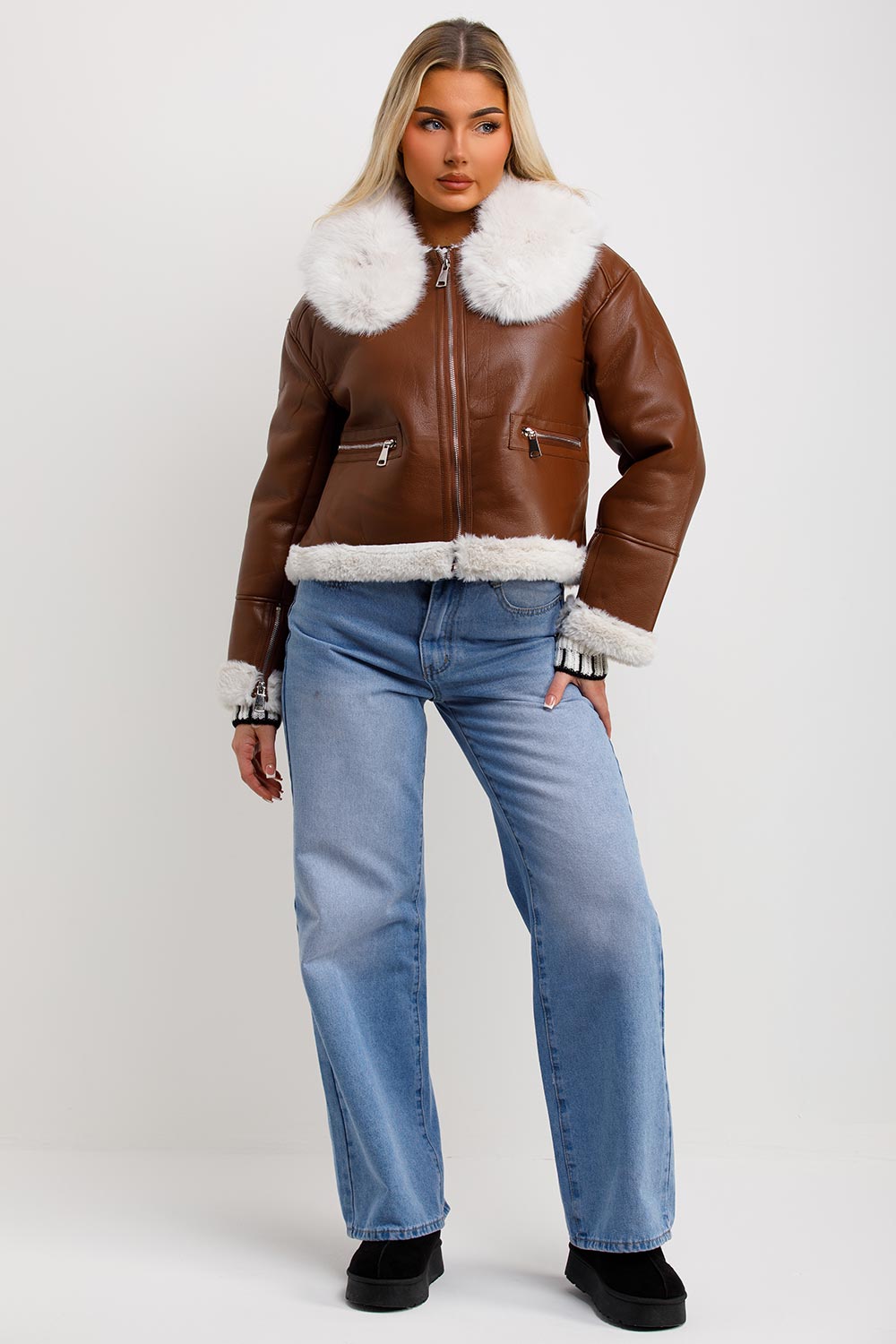 Crop Aviator Jacket With Fur Collar Brown