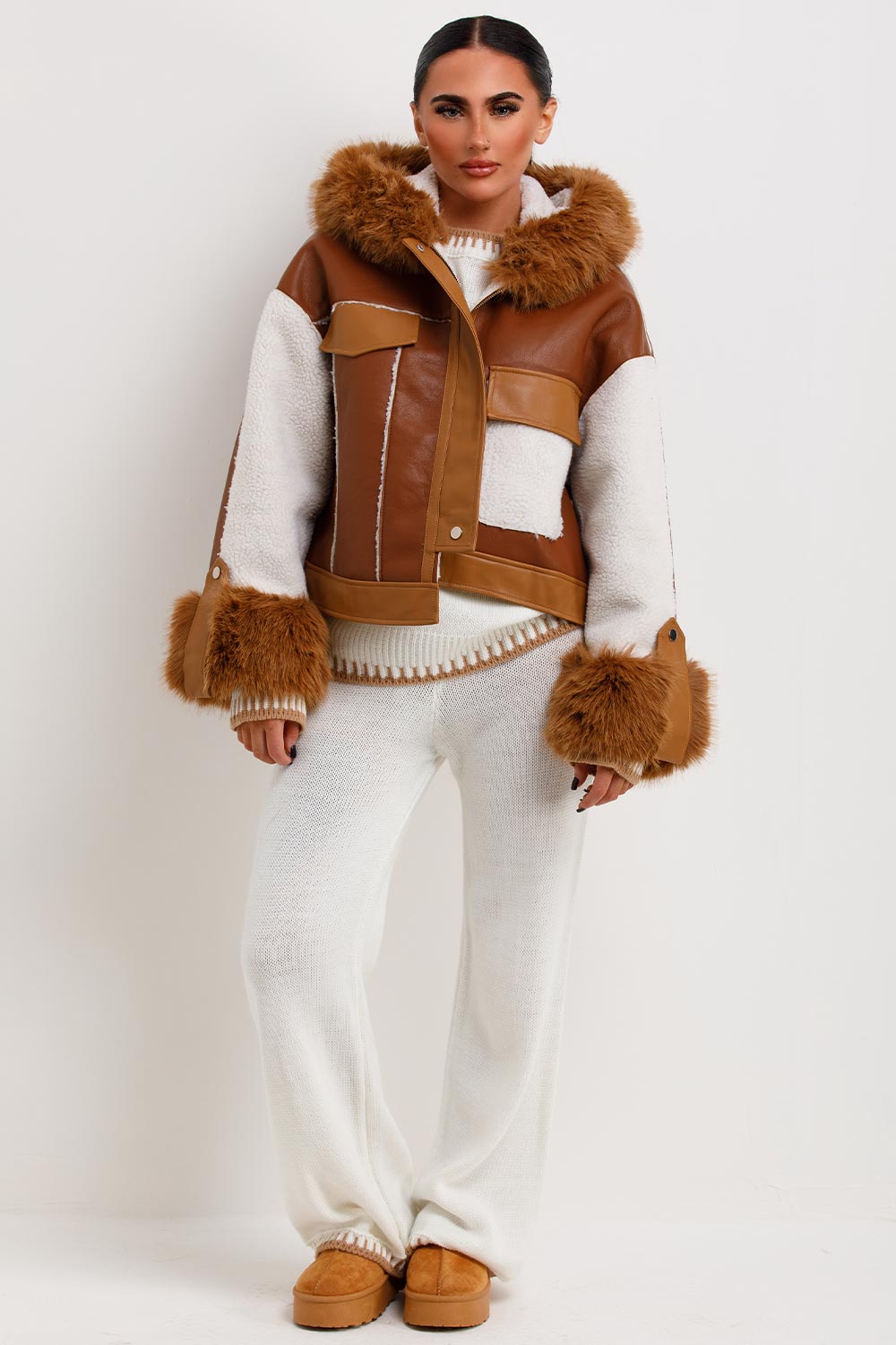 Shearling Faux Leather Jacket With Faux Fur Hood Brown