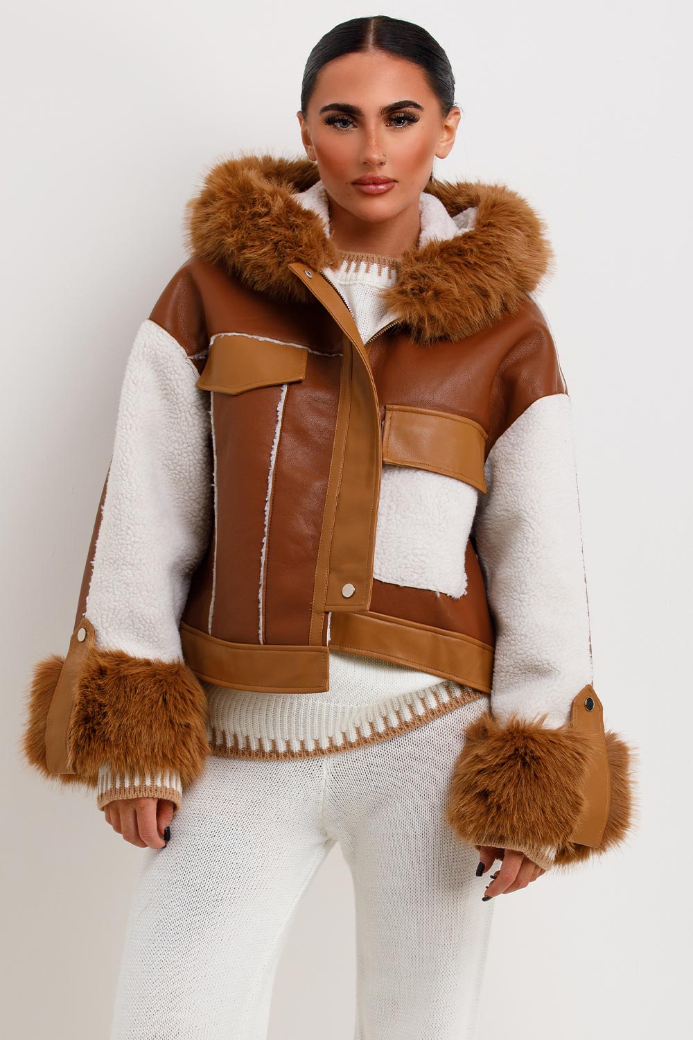 Shearling Faux Leather Jacket With Faux Fur Hood Brown