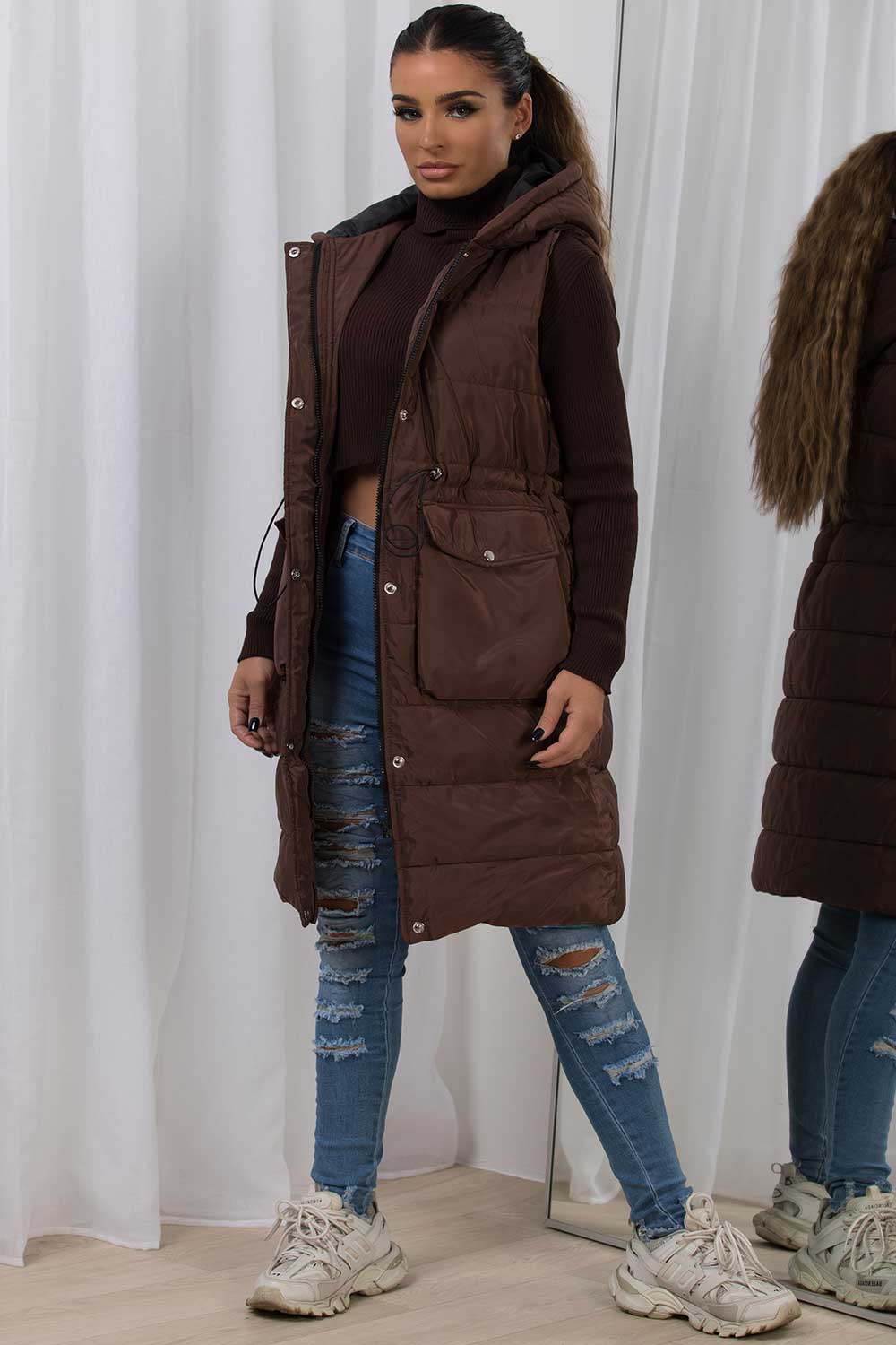 Padded Gilet With Drawstring Waist Longline Brown