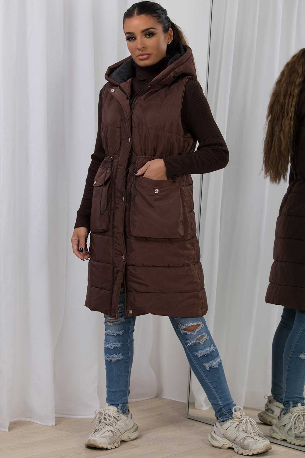 Padded Gilet With Drawstring Waist Longline Brown