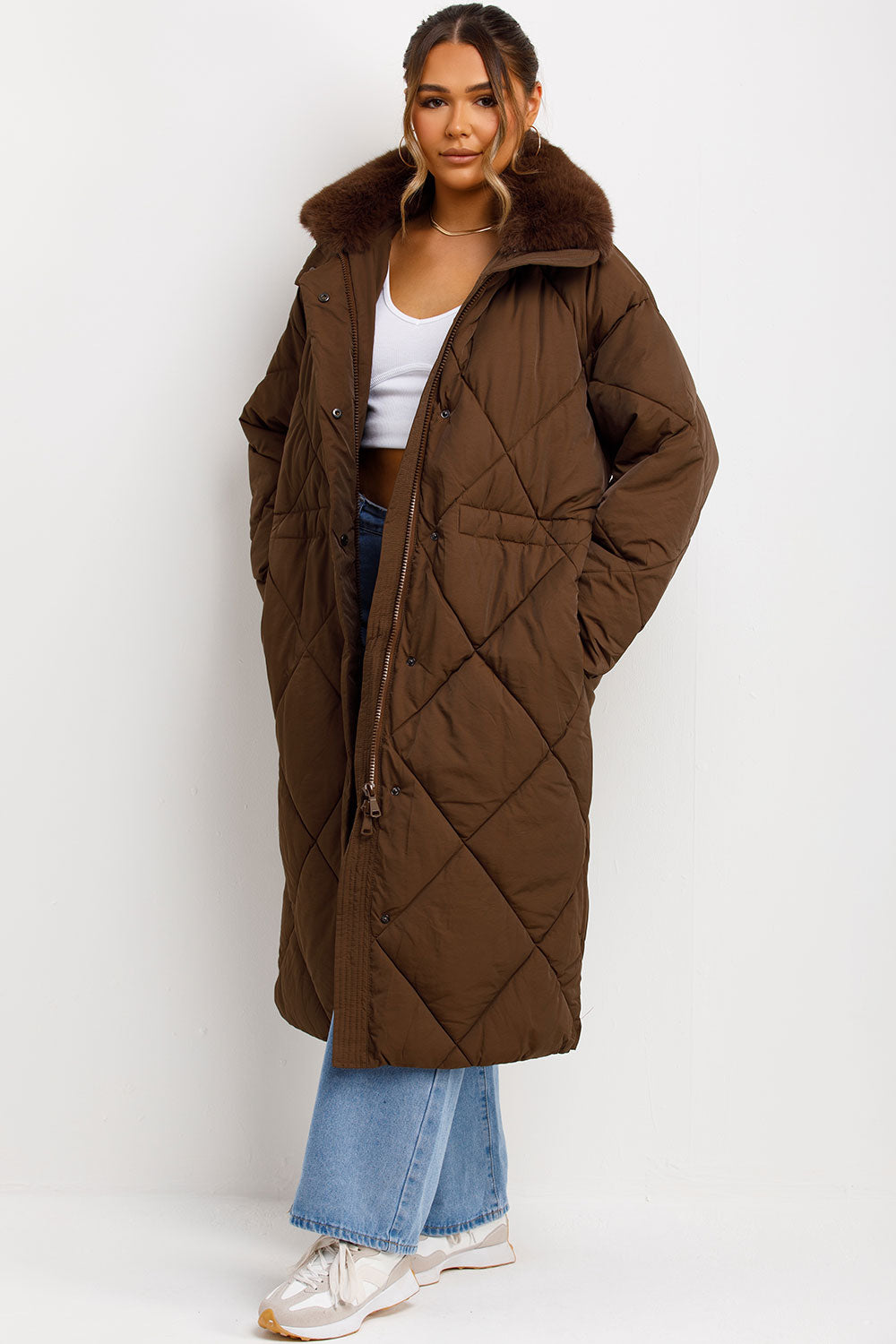 Long Puffer Quilted Coat With Fur Collar Brown