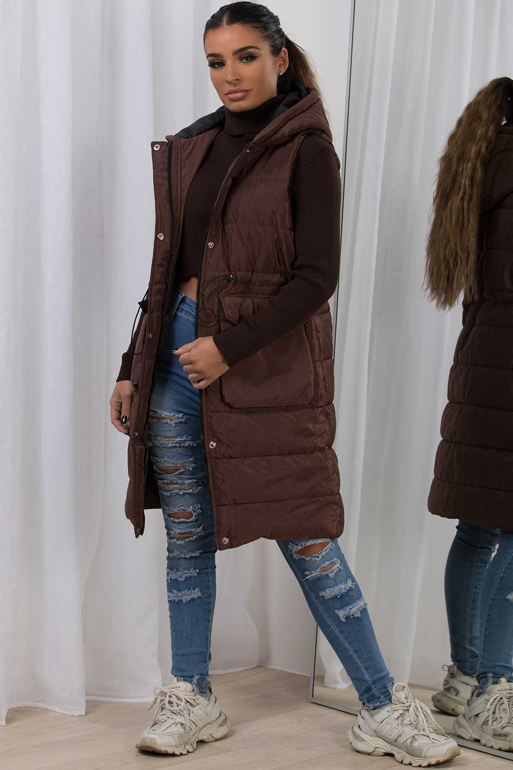 Padded Gilet With Drawstring Waist Longline Brown