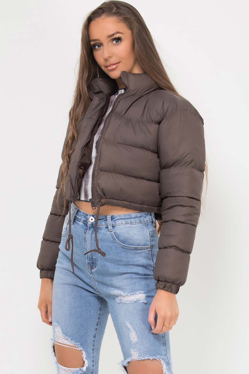 Cropped Padded Puffer Jacket Brown